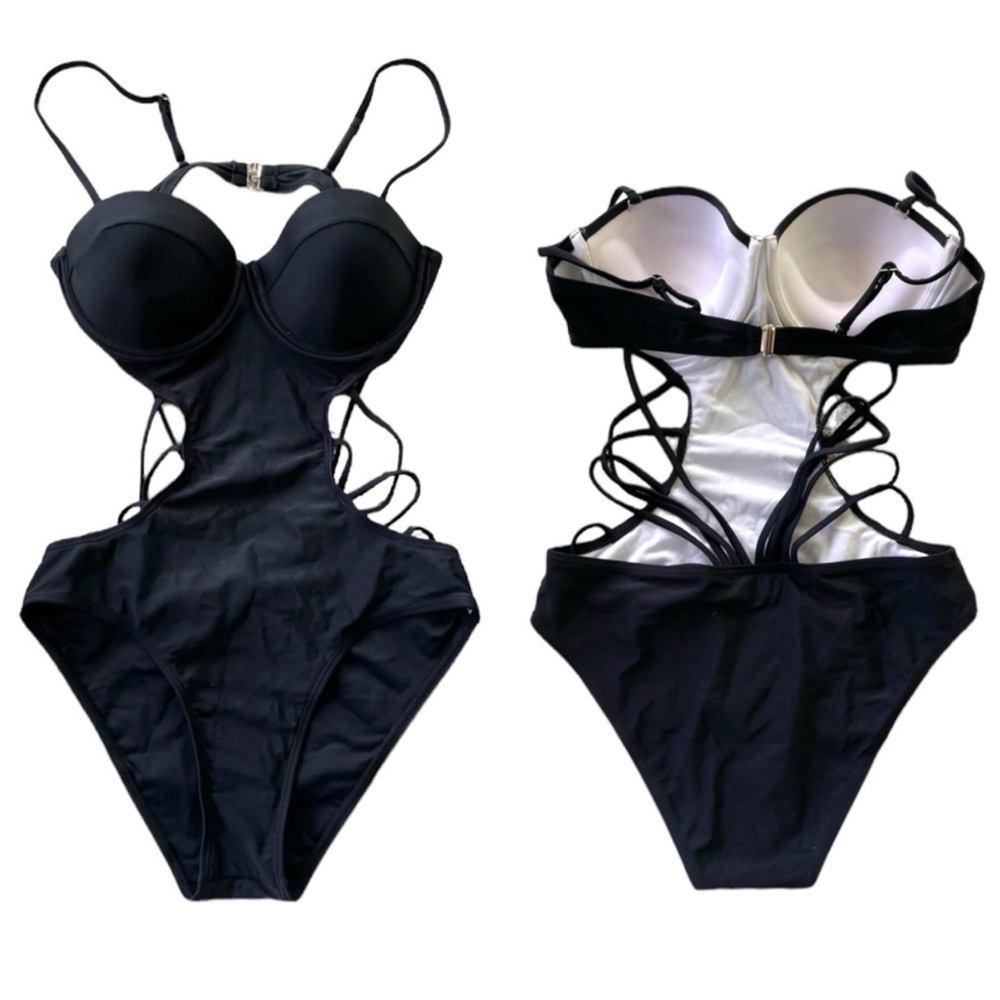 SHEIN Black Strap Back Padded Push Up One Piece Swimsuit Size Small NWT